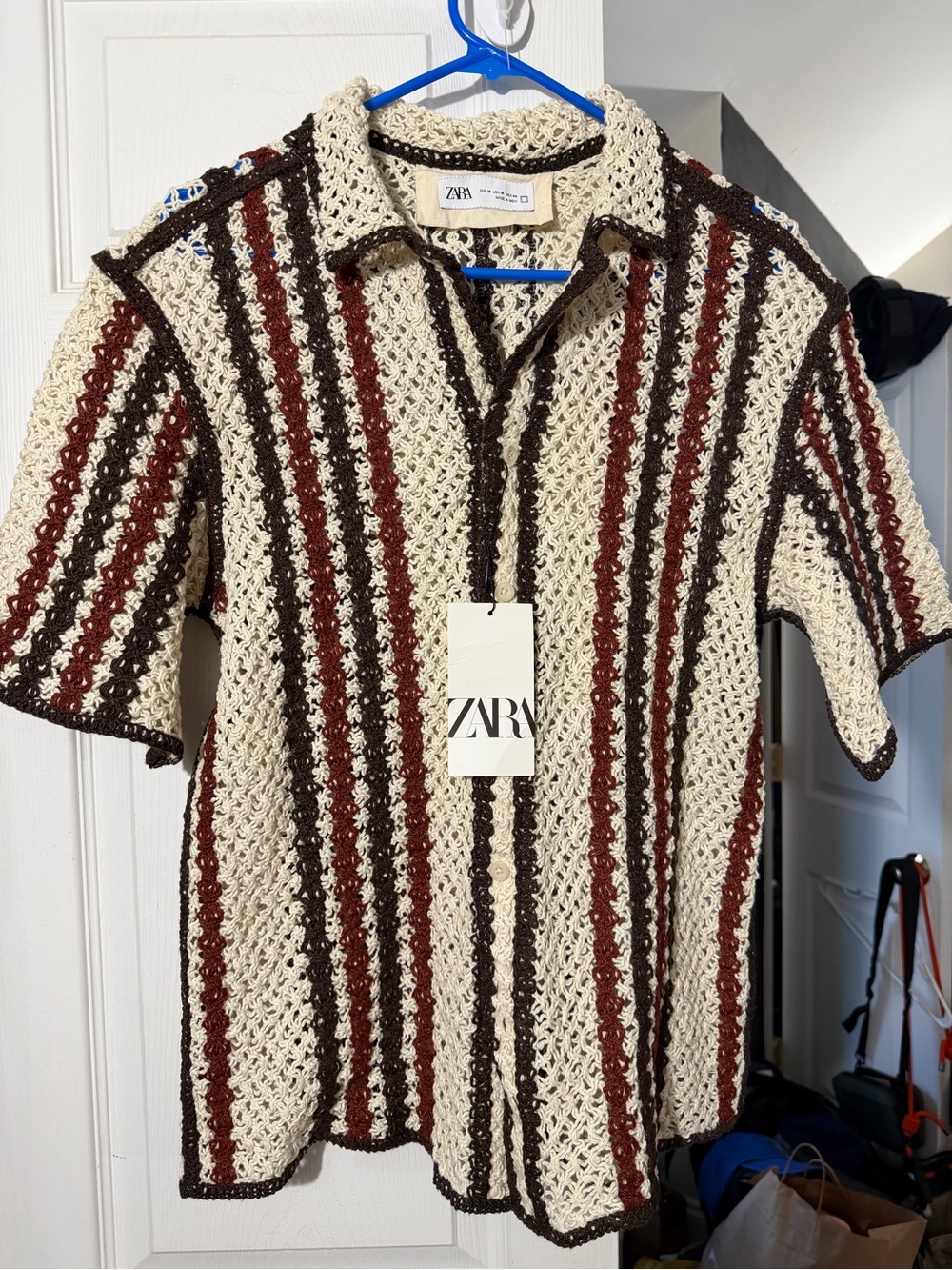 ZARA Men’s Cream Crochet Polo with Brown & Rust Stripes